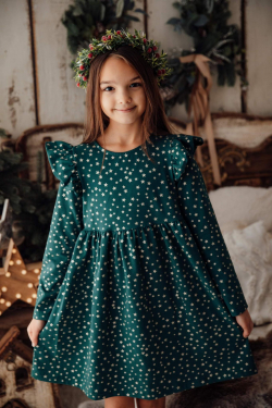 Dívčí vánoční bavlněné šaty se zlatými hvězdičkami a volánky