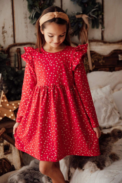 Dívčí vánoční bavlněné šaty se zlatými hvězdičkami a volánky