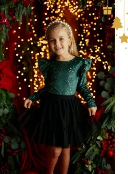 Dívčí vánoční tričko se zlatými třpytkami a volánky na rukávech