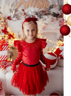 Dívčí vánoční tričko se zlatými třpytkami a volánky na rukávech