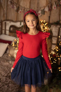 Dívčí vánoční tričko se zlatými třpytkami a volánky na rukávech