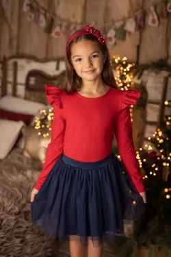 Dívčí vánoční tričko se zlatými třpytkami a volánky na rukávech