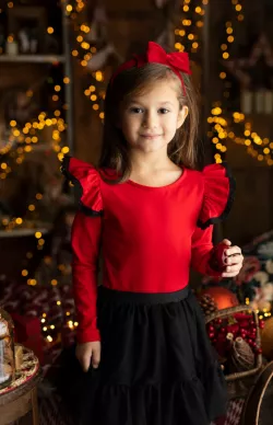 Dívčí vánoční tričko se zlatými třpytkami a volánky na rukávech