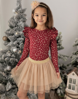 Dívčí vánoční tričko se zlatými třpytkami a volánky na rukávech